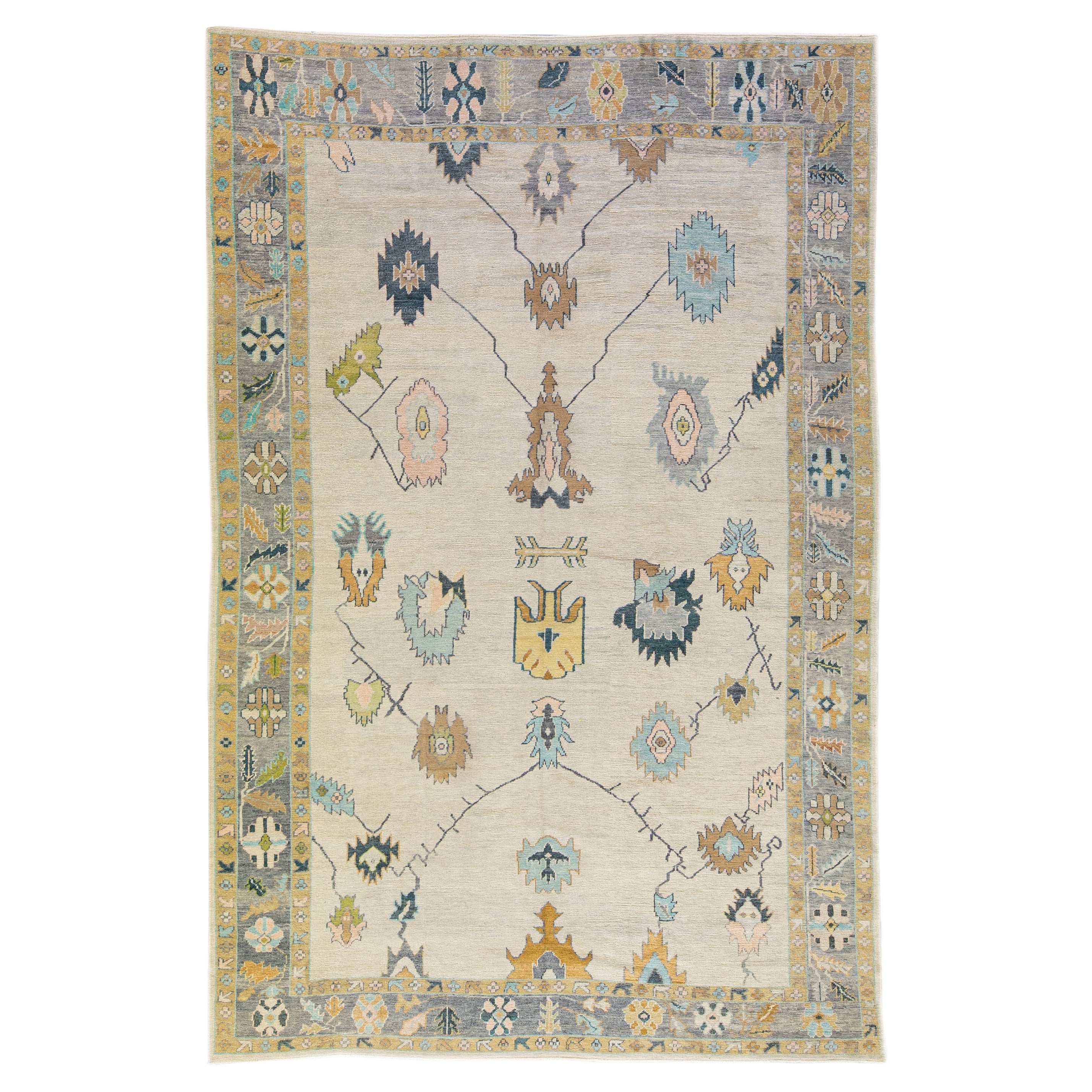 Modern Turkish Oushak Beige Handmade Floral Pattern Wool Rug