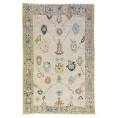 Modern Turkish Oushak Beige Handmade Floral Pattern Wool Rug