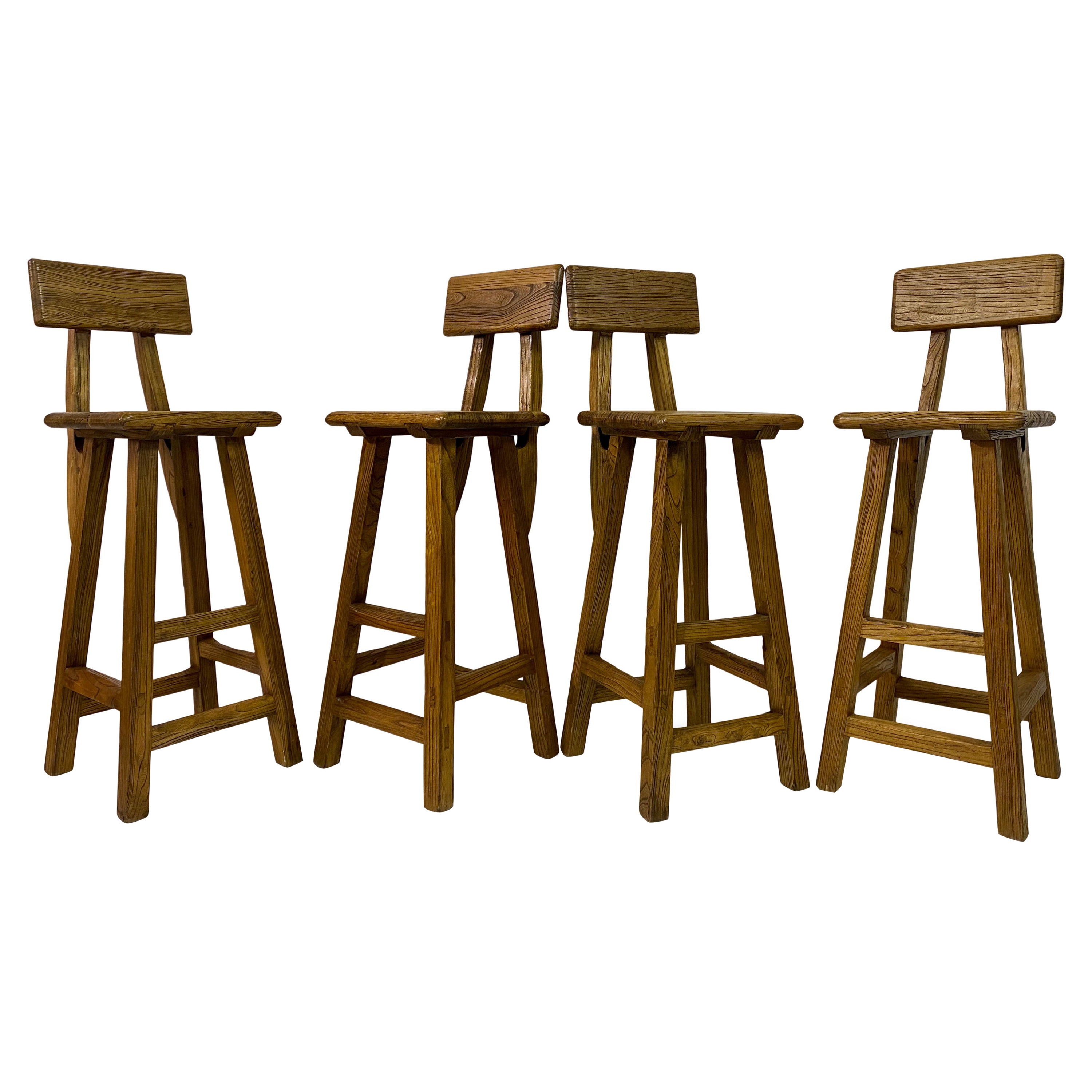 Set of Four French High Stools in Solid Elm For Sale