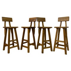 Retro Set of Four French High Stools in Solid Elm