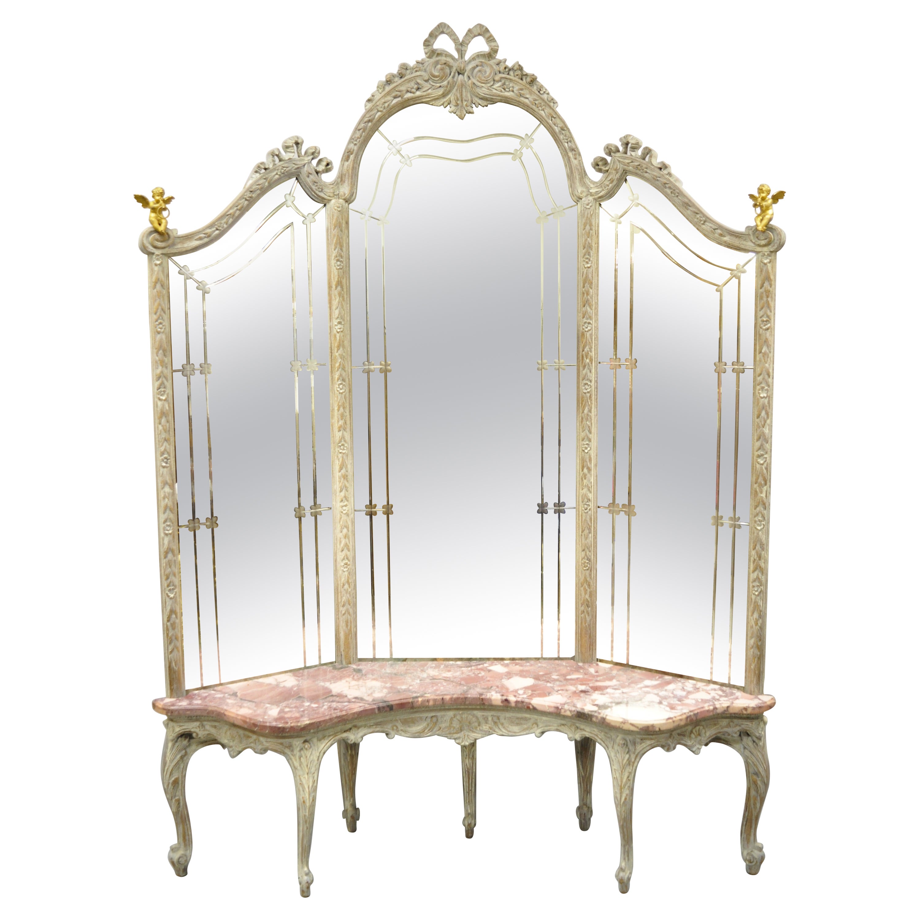 Antique French Louis XV Triple Tall Dressing Mirror Pink Marble Bronze Cherubs