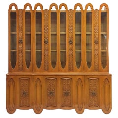 Art Deco Mid Century Wood Carved Display China Cabinet