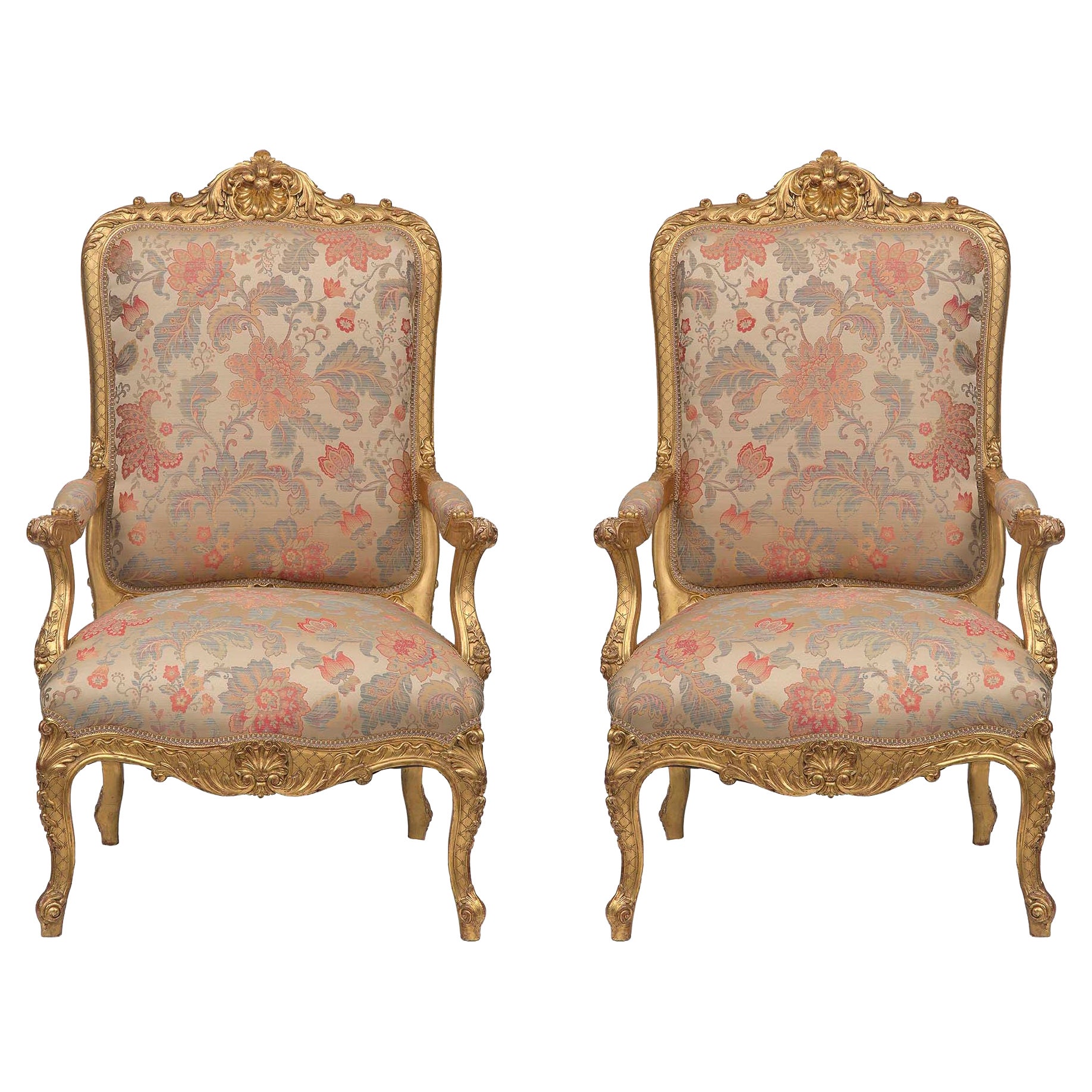 Pair of French 19th Century Louis XV Style Giltwood High Back Armchairs For Sale