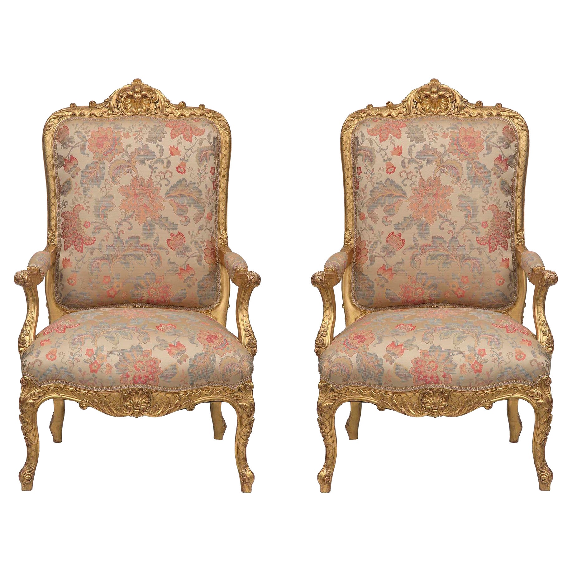 Pair of French 19th Century Louis XV Style Giltwood High Back Armchairs