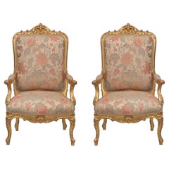 Pair of French 19th Century Louis XV Style Giltwood High Back Armchairs