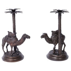  Pair of Bronze Anglo Indian Palm Tree Candlesticks with Camels