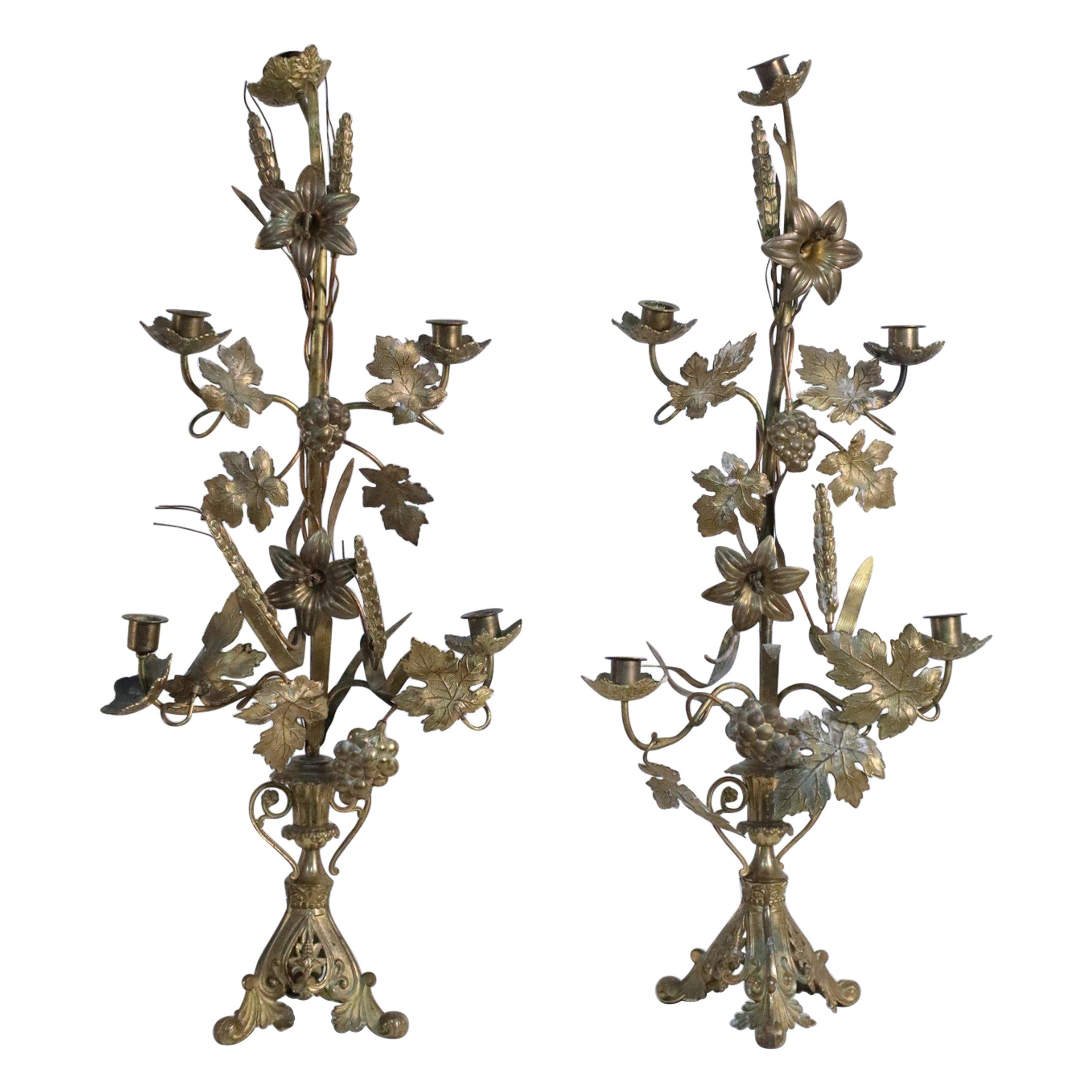 Pair of French Provincial Harvest Motif Bronze Candelabras