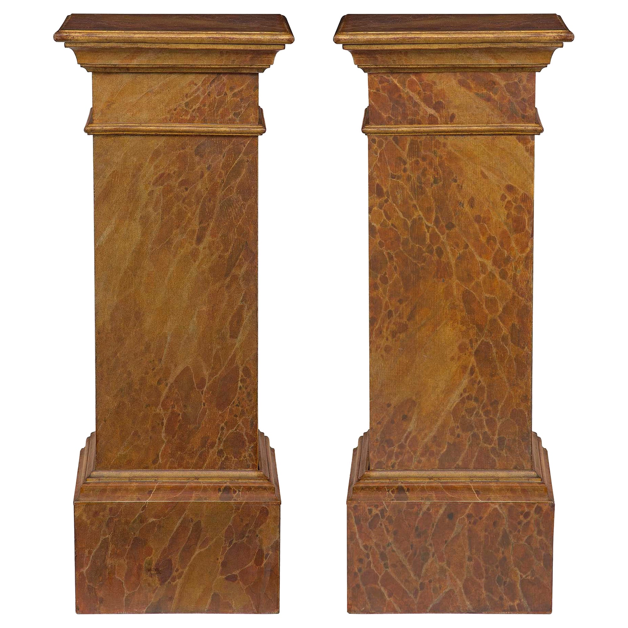 Pair of Italian 19th Century Louis XVI St. Faux Painted and Giltwood Pedestals For Sale