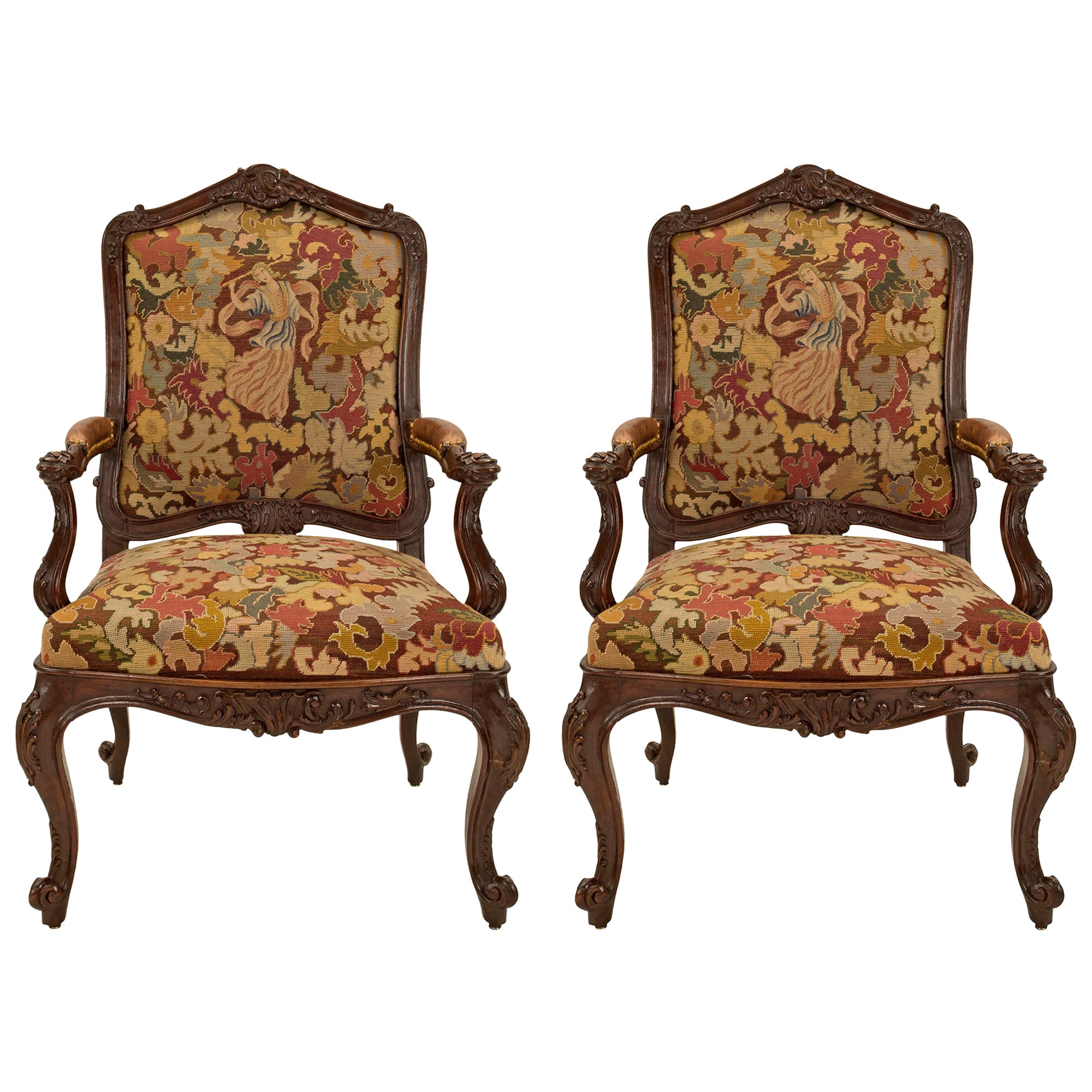 Pair of French 19th Century Louis XV Walnut and Tapestry À Chasis Armchairs For Sale