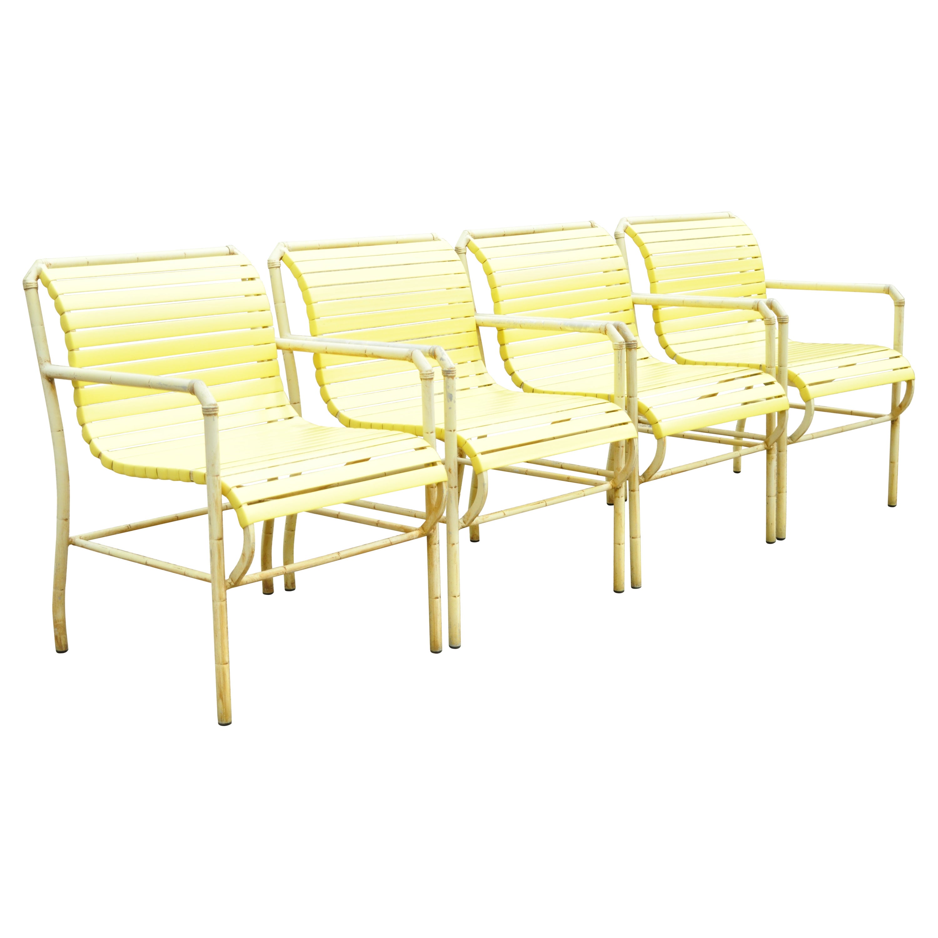 Vintage Faux Bamboo Aluminum Yellow Hauser Pool Patio Dining Chairs, Set or 4 For Sale