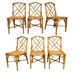 Used Rattan Chinese Chippendale Dining Chairs, Set of 6