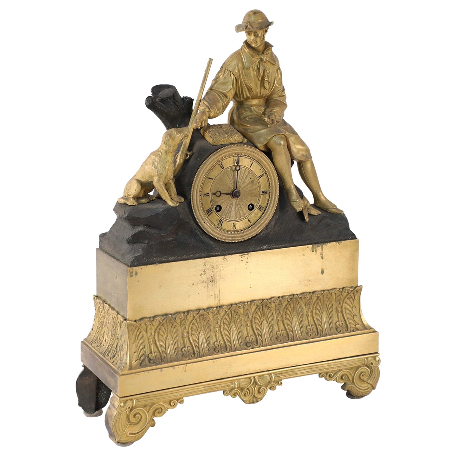 French Victorian Gilt Broze Hunter and Dog Mantel Clock For Sale