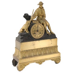 French Victorian Gilt Broze Hunter and Dog Mantel Clock