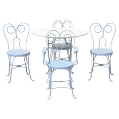 Antique Wrought Iron Blue Heart Back Ice Cream Parlor Bistro Dining Set, 5pc Set