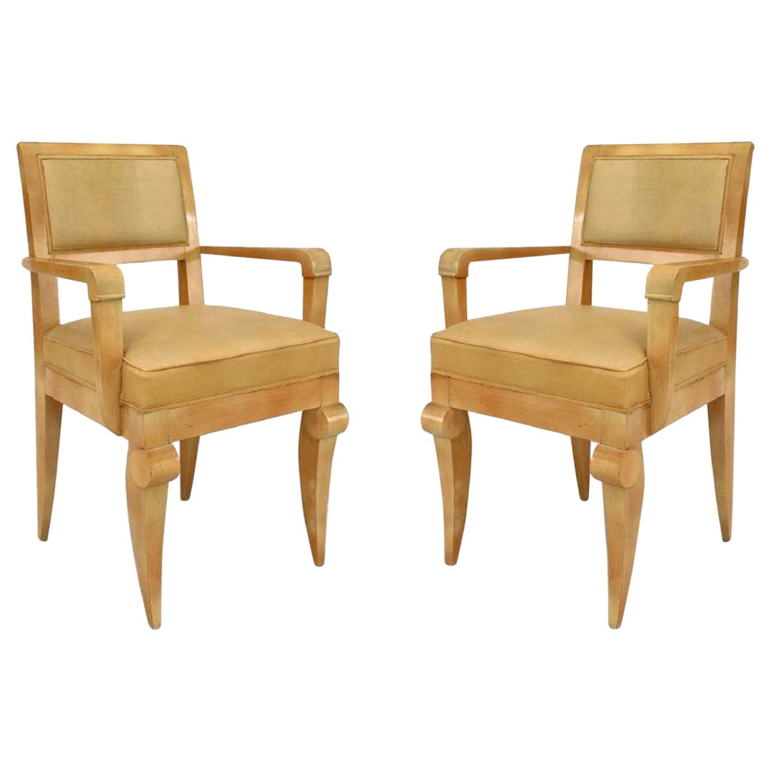Pair of Andre Arbus French Mid-Century Sycamore and Leather Armchairs