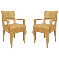 Pair of Andre Arbus French Mid-Century Sycamore and Leather Armchairs