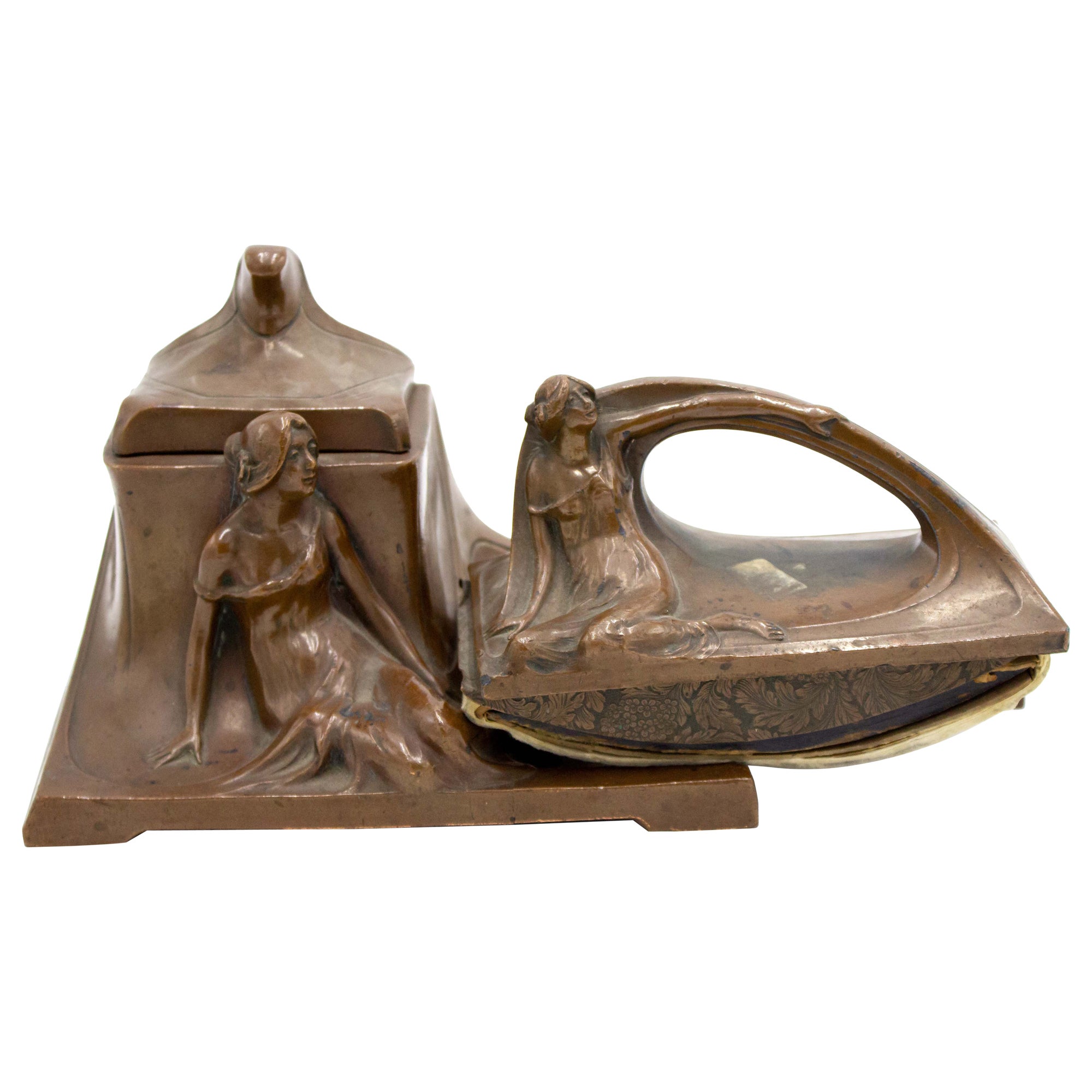 2-Piece French Art Nouveau Copper Inkwell