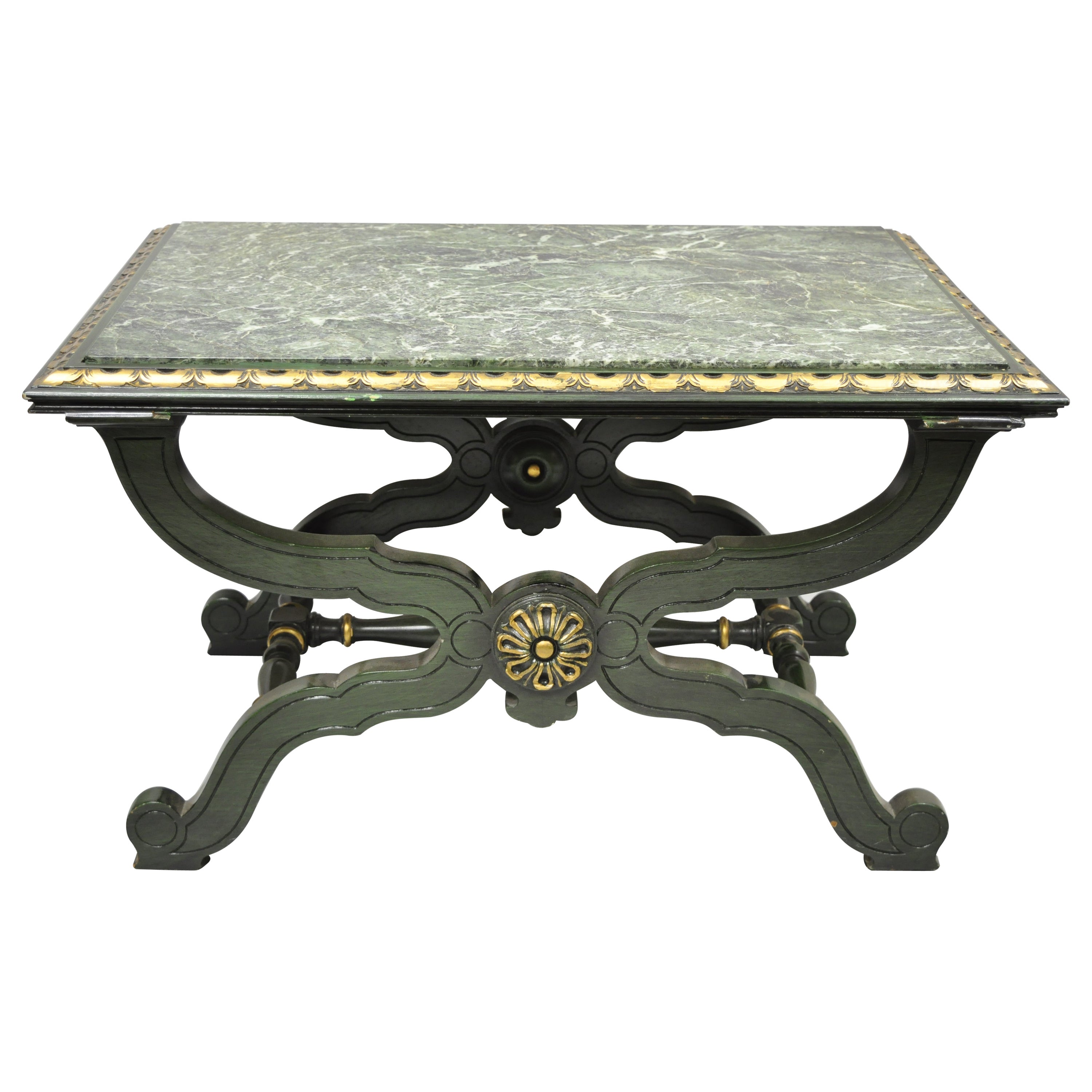 Vintage Curule X-Form Dorothy Draper Espana Style Green Marble Top Coffee Table For Sale