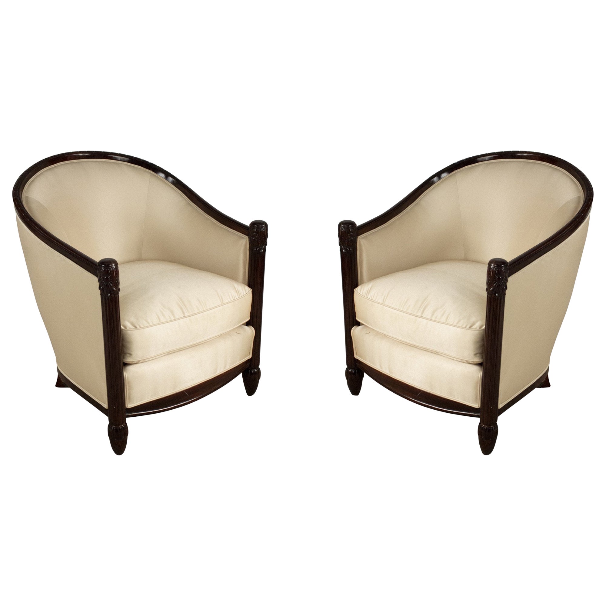 Pair of French Mid-Century Carved Wood and Beige Satin Tub Armchairs