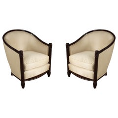 Pair of French Mid-Century Carved Wood and Beige Satin Tub Armchairs