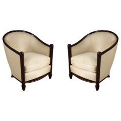 Pair of French Mid-Century Carved Wood and Beige Satin Tub Armchairs