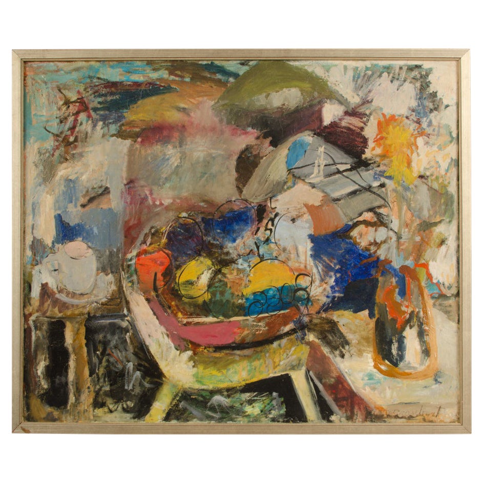 Abstract Still life, Oil on Canvas Circa Mid 20th century. Signed Rose Graubart For Sale