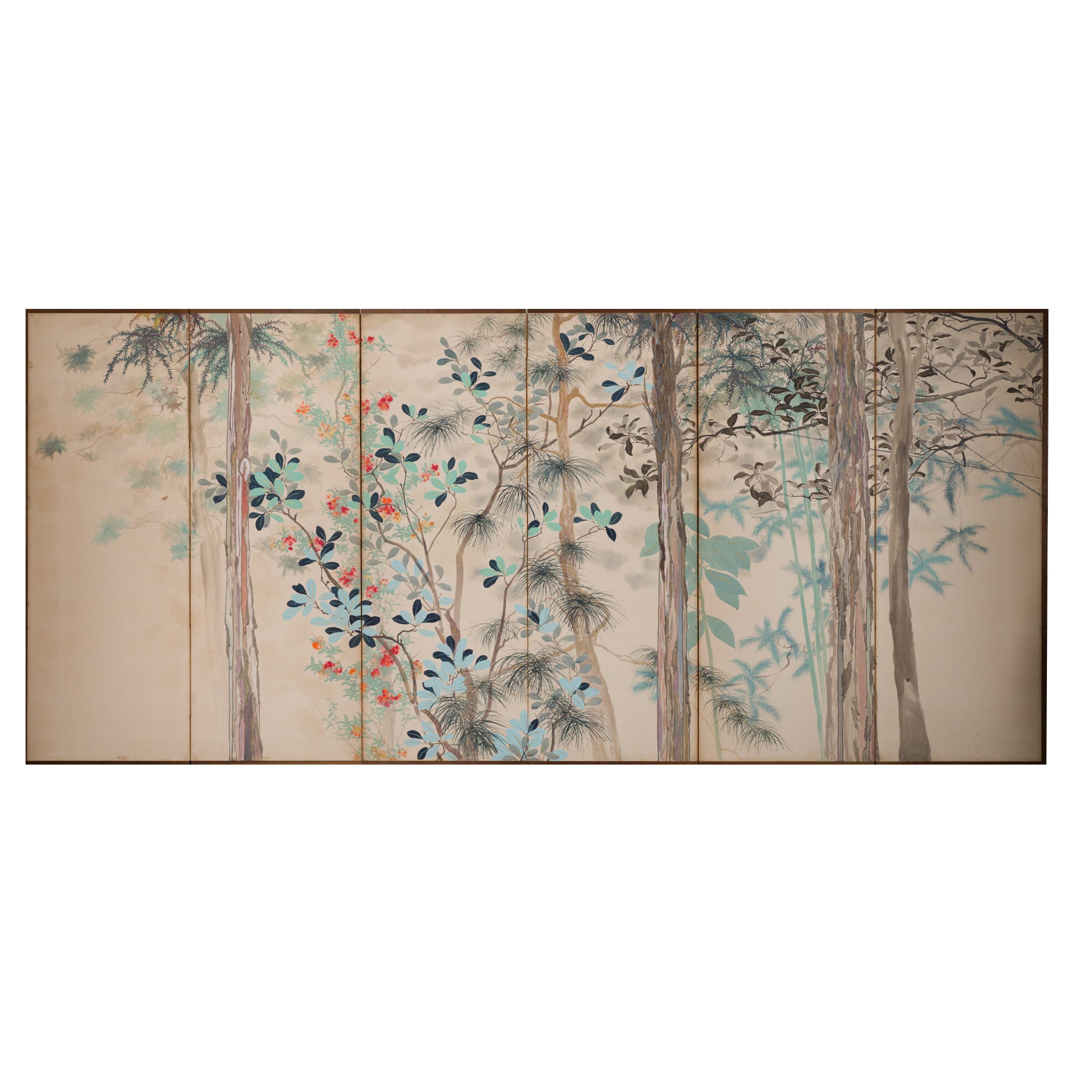 Japanischer Raumteiler mit sechs Tafeln und verschiedenen Bäumen in einer Gartenlandschaft