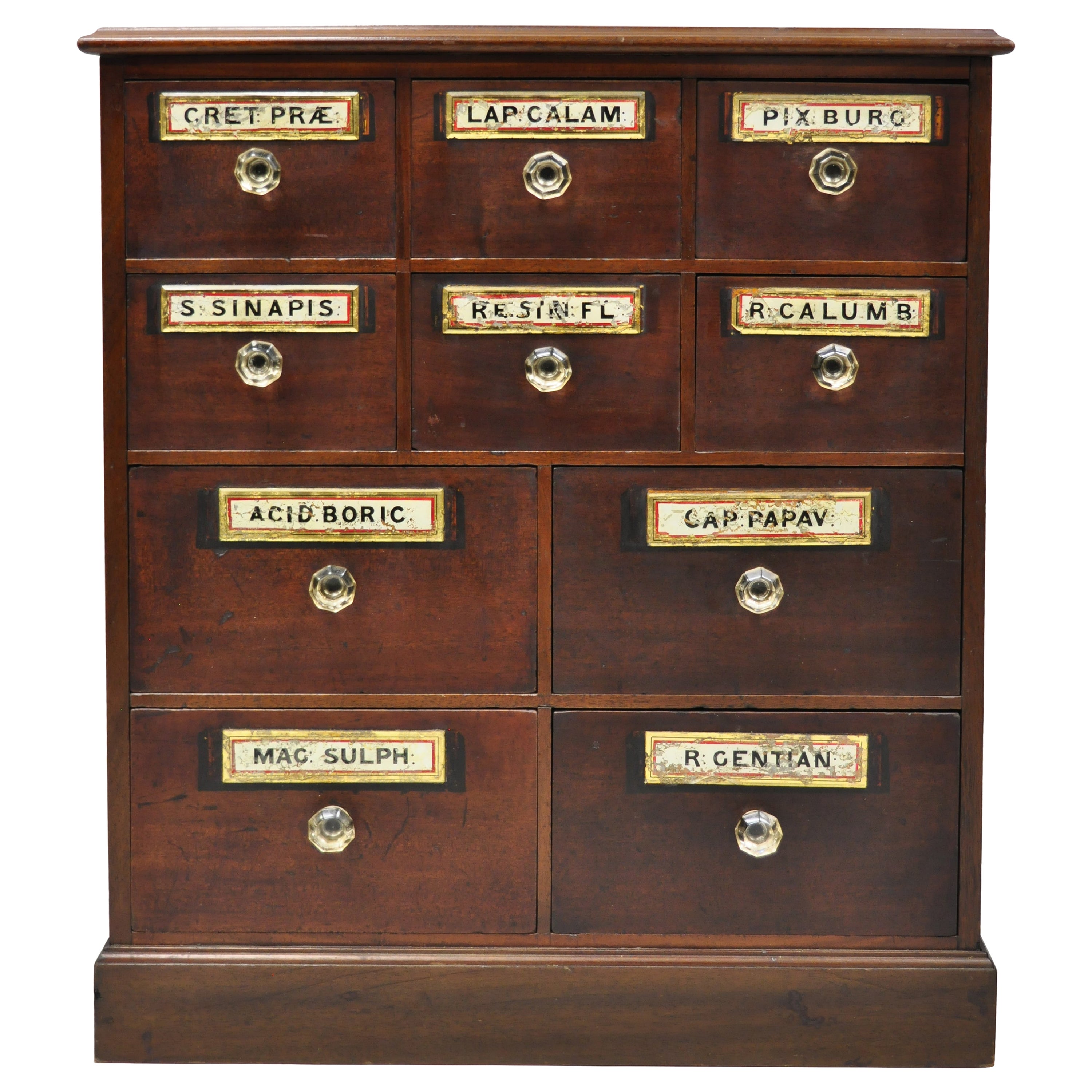 19th Century Mahogany Apothecary Medicine Cabinet w/ 10 Drawers and Glass Pulls