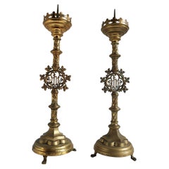 Pair of Antique Brass Candlesticks 1876 Church Altar Religious Candleholders