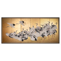 Japanese Six Panel Screen Dance of 50 Cranes on Gold Leaf