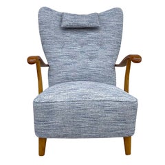 20th Century Light-Blue Danish Single Walnut Armchair, Grey Wooden Side Chair