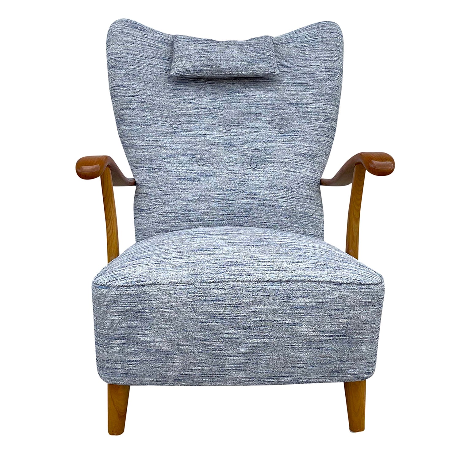Blau-grauer dänischer Einzelsessel aus Nussbaumholz, 20. Jahrhundert, skandinavischer Vintage-Sessel