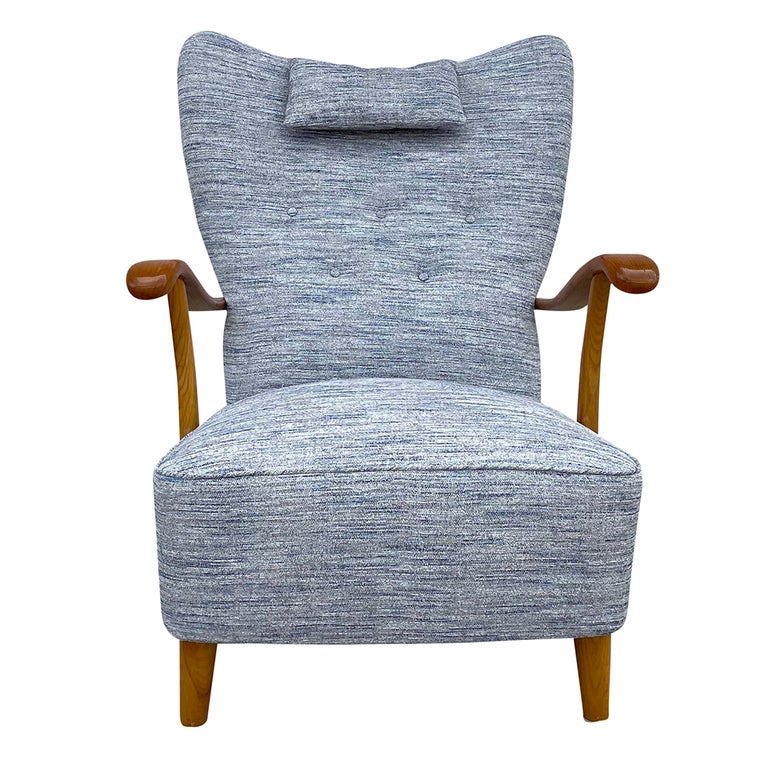 Blau-grauer dänischer Einzelsessel aus Nussbaumholz, 20. Jahrhundert,  skandinavischer Vintage-Sessel im Angebot bei 1stDibs