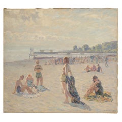 Antique Borge Christoffer Nyrop (Danish, b. 1881 - d. 1948) "Beach in Blush" painting. 