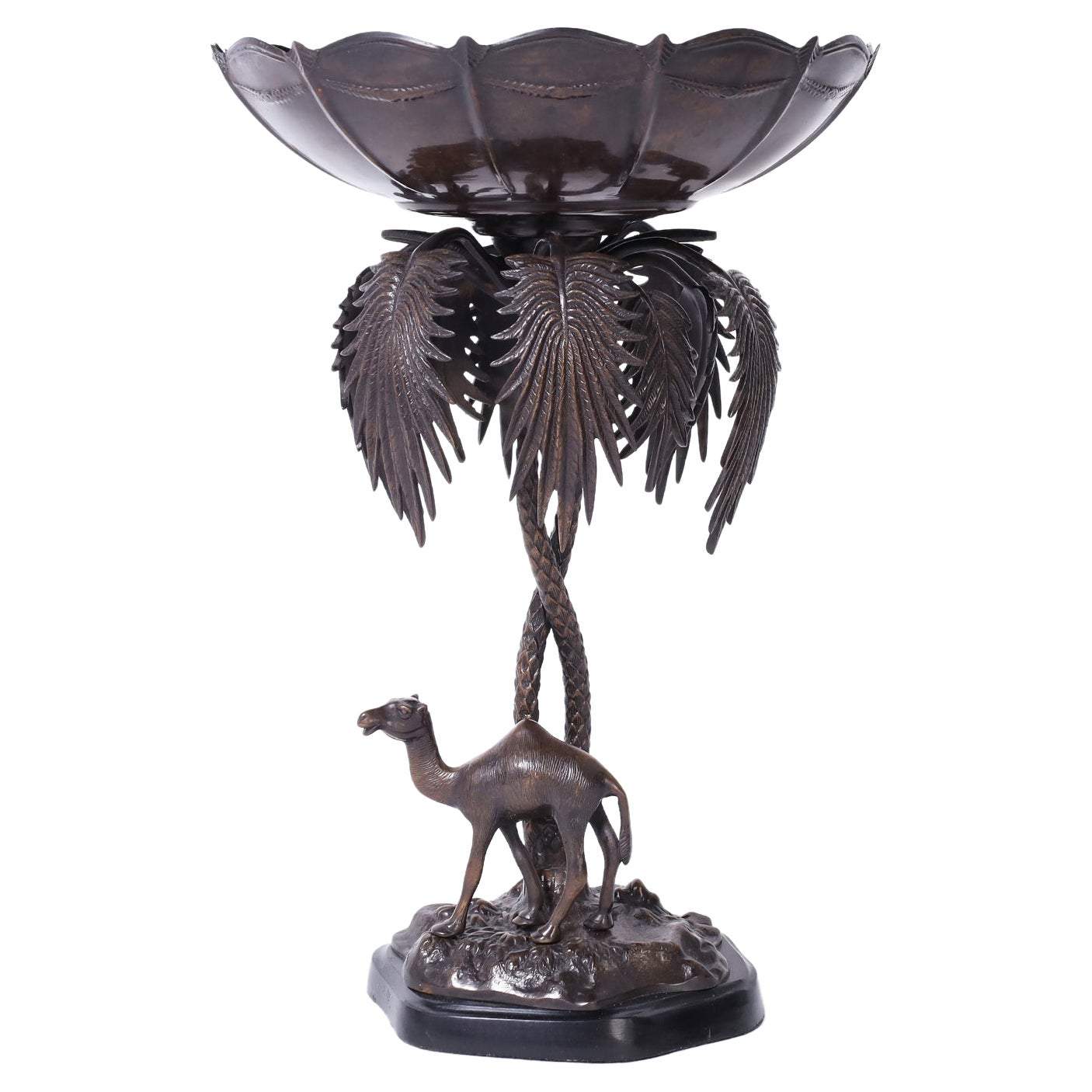 Anglo Indian Bronze Serving Bowl on a Palm Tree Stand with Camel