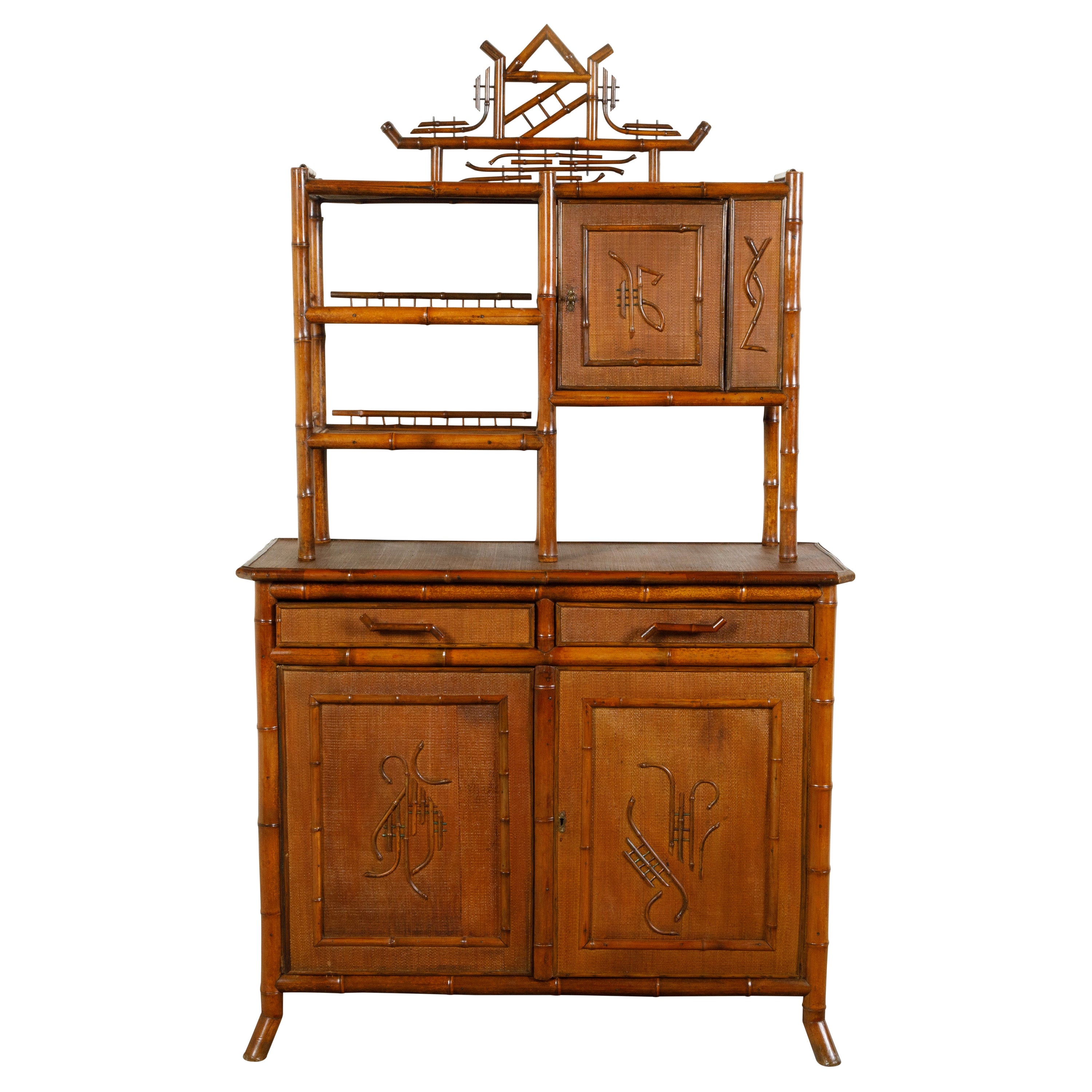 English 1900s Bamboo Chinoiserie Cabinet with Open Shelves, Drawers and Doors