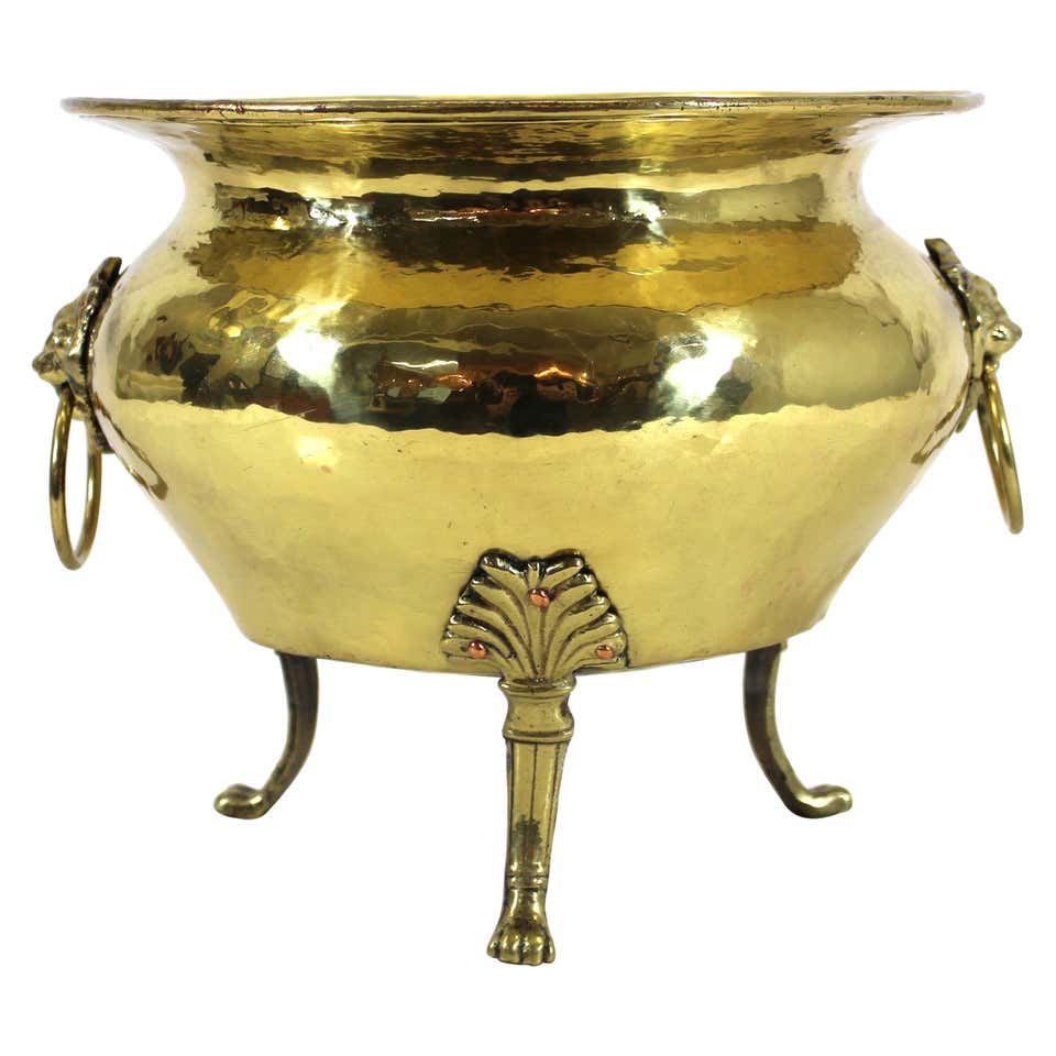 Antique Brass Jardiniere Planter with Lion Head and Feet Details For