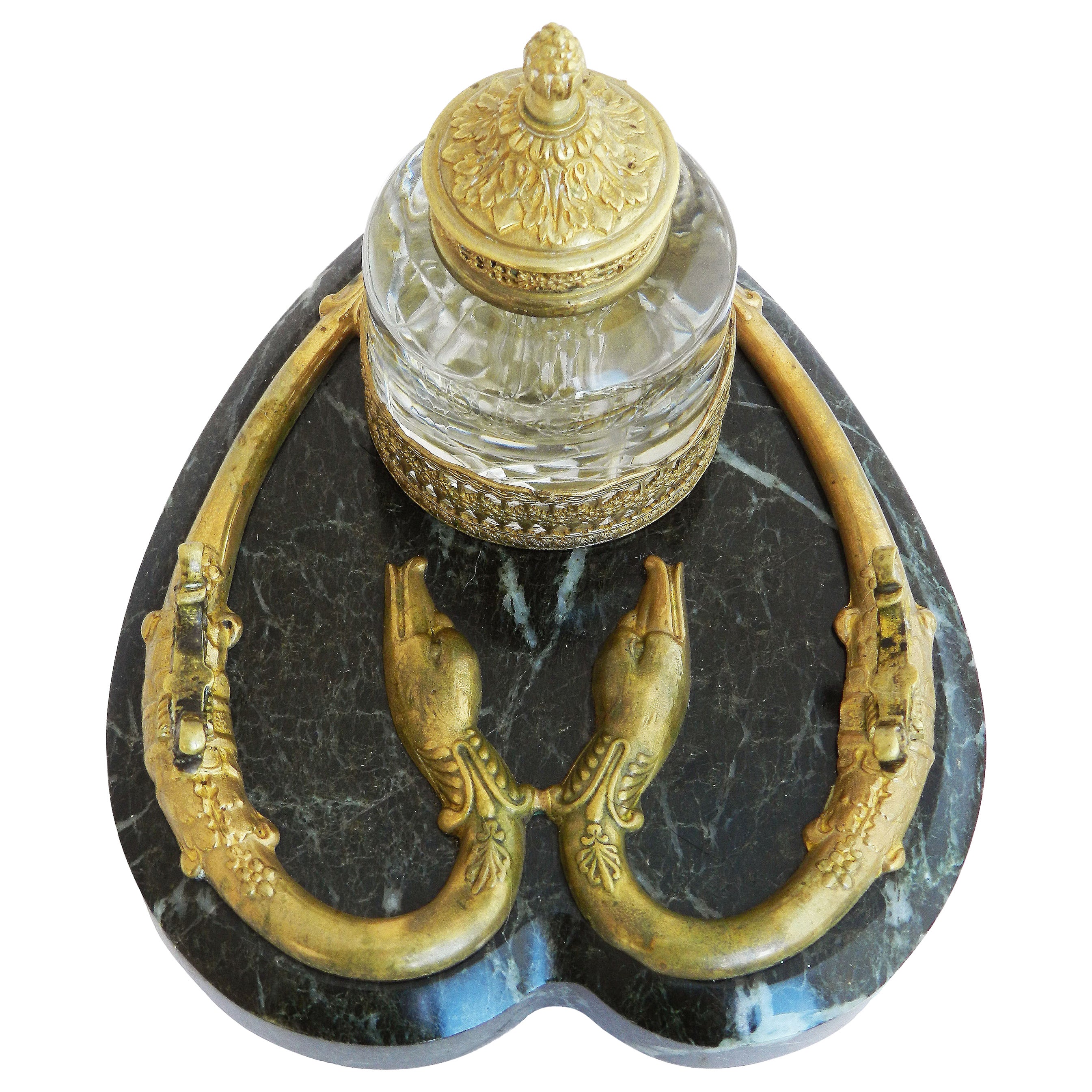 Antique Bronze Marble Inkwell Desk Serpent Inkstand French c1880 FREE SHIPPING For Sale