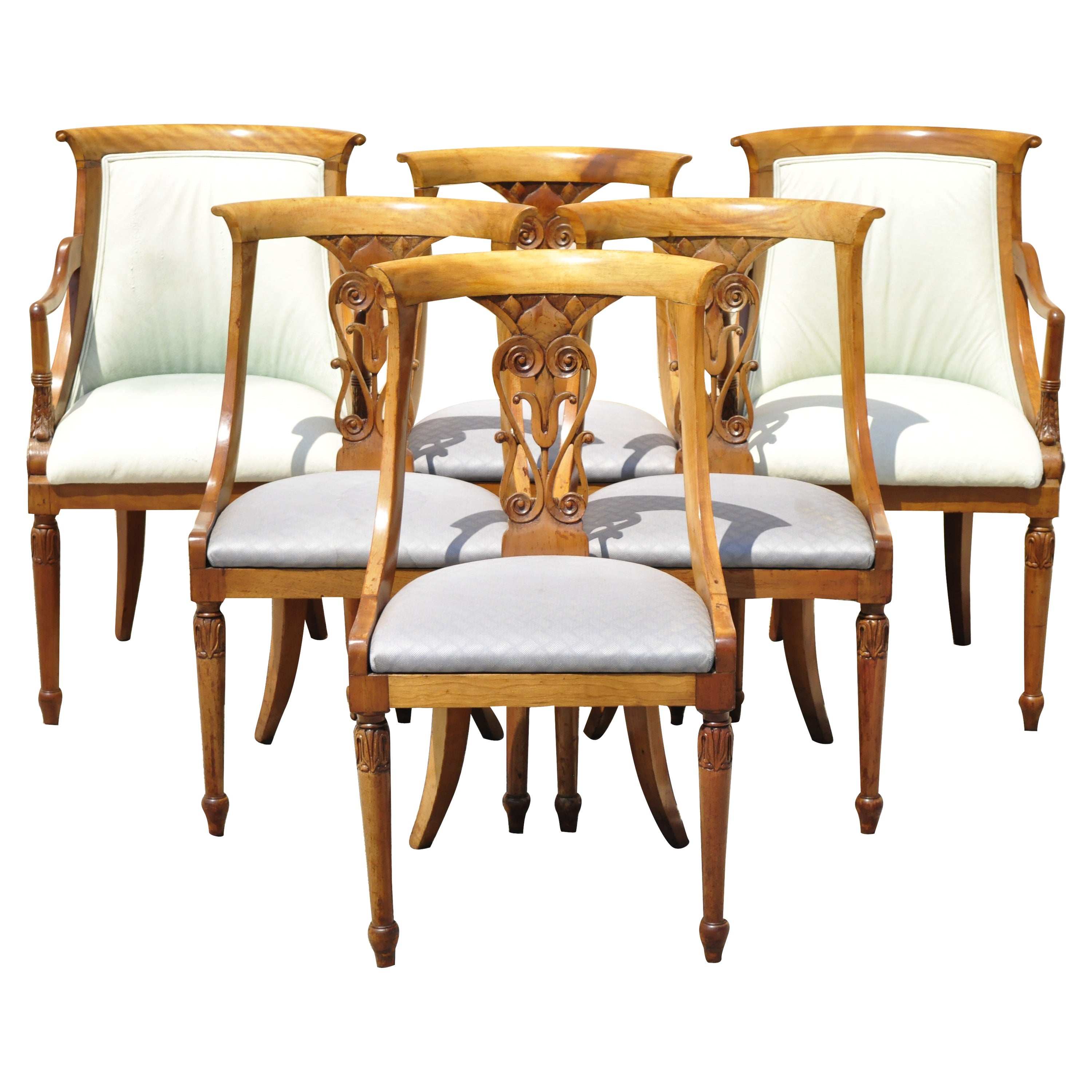 Italian Neoclassical Regency Cherry Wood Saber Leg Dining Chairs - Set of 6 For Sale