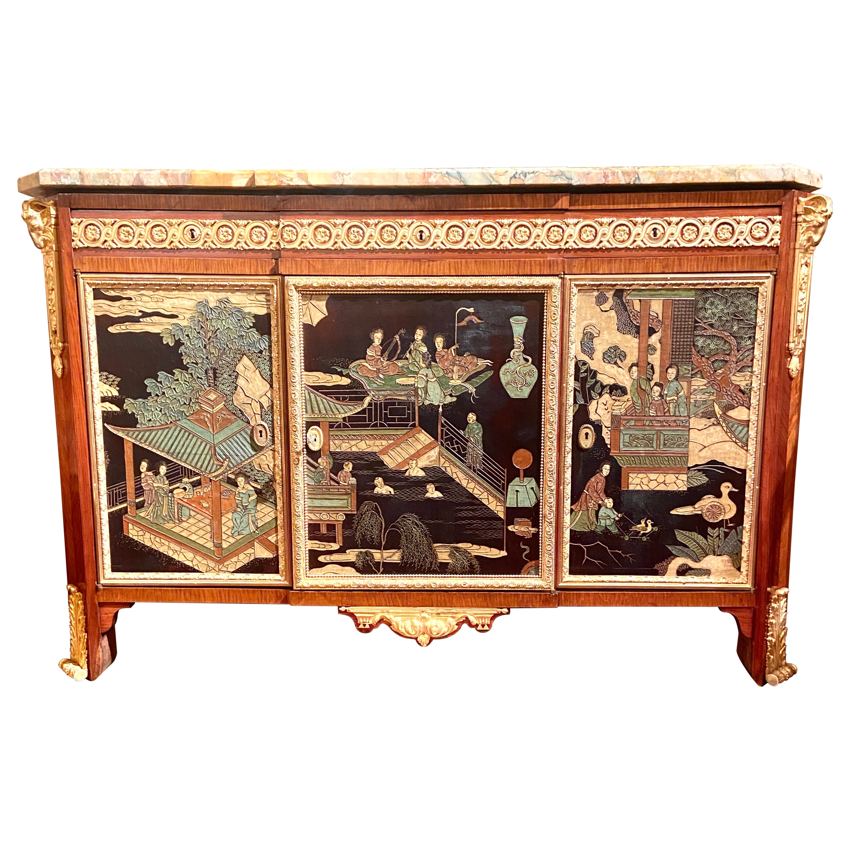 Antique French Chinoiserie Lacquer Commode w/ Marble Top & Bronze D' Ore Mounts