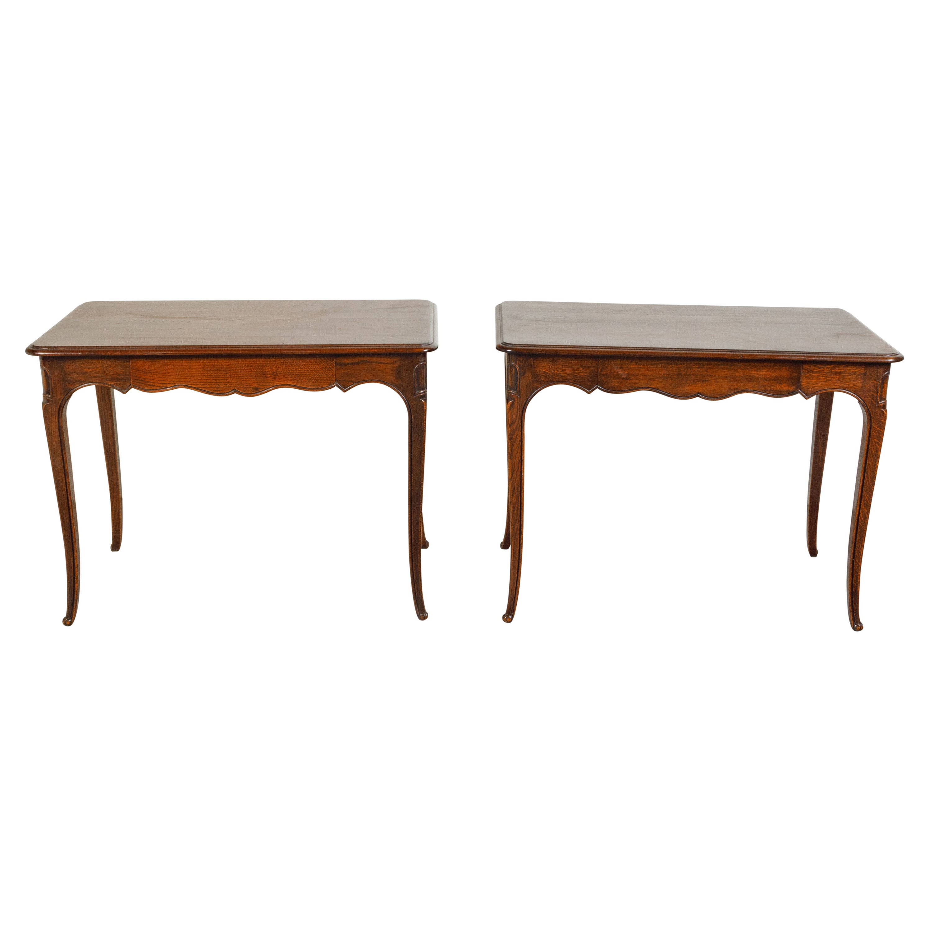 Pair of French 1900s Oak Console Tables with Single Drawers and Scalloped Aprons