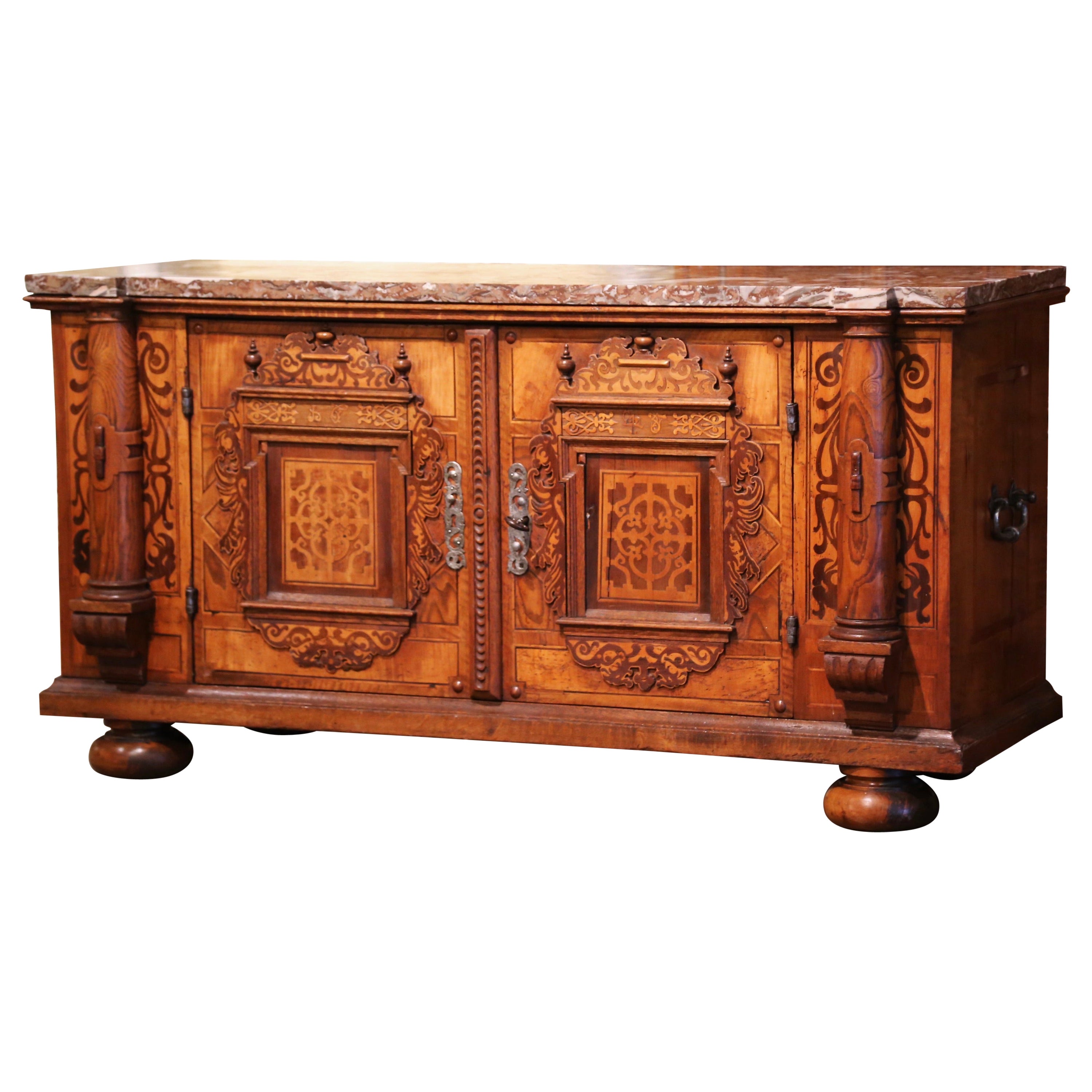 18th Century Swiss Renaissance Carved Walnut Marquetry Buffet with Marble Top