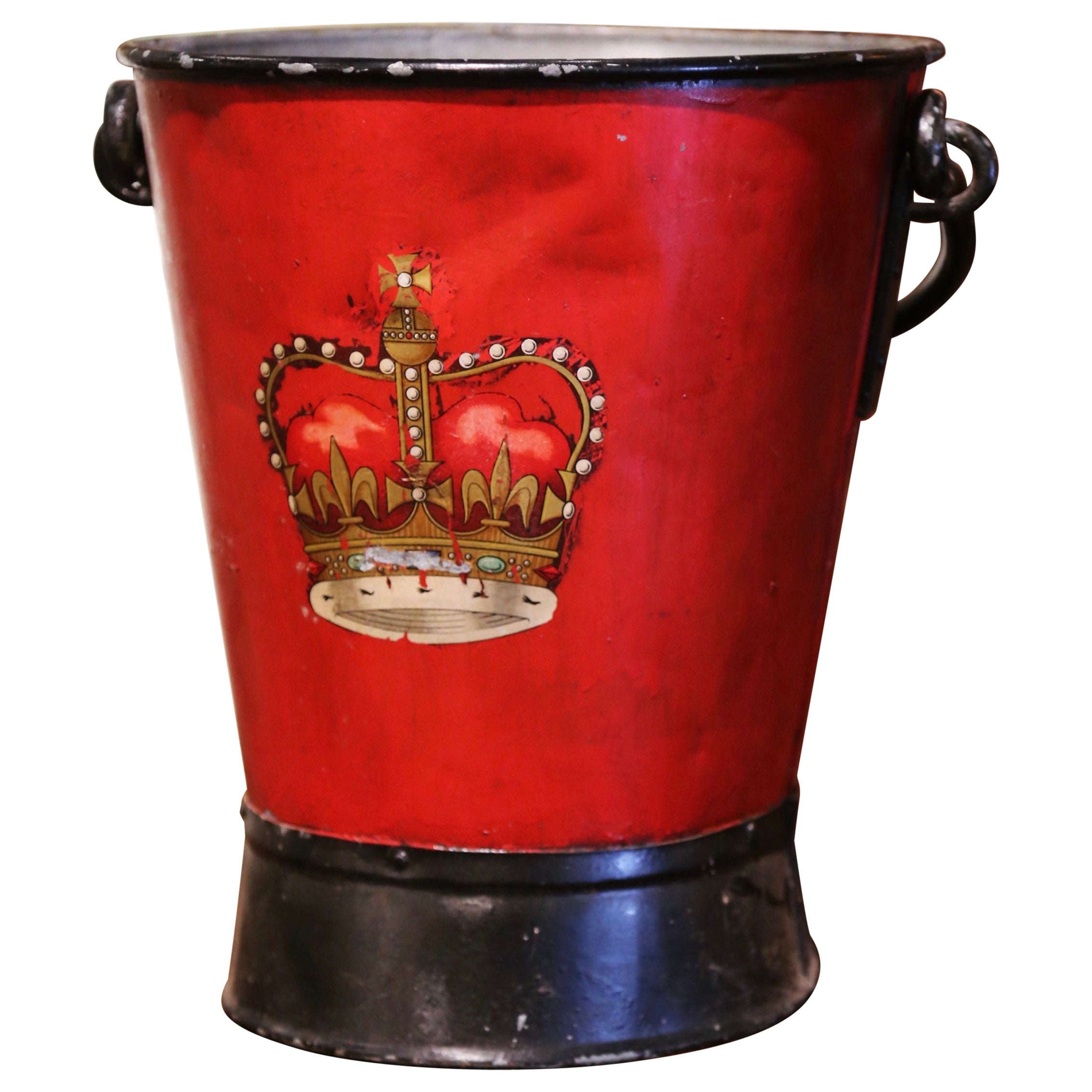 19th Century English Hand Painted Iron Coal Bucket with Coat of Arms Decor