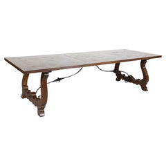 Large French Walnut Trestle Table with 17th Century Parquet De Versailles Top