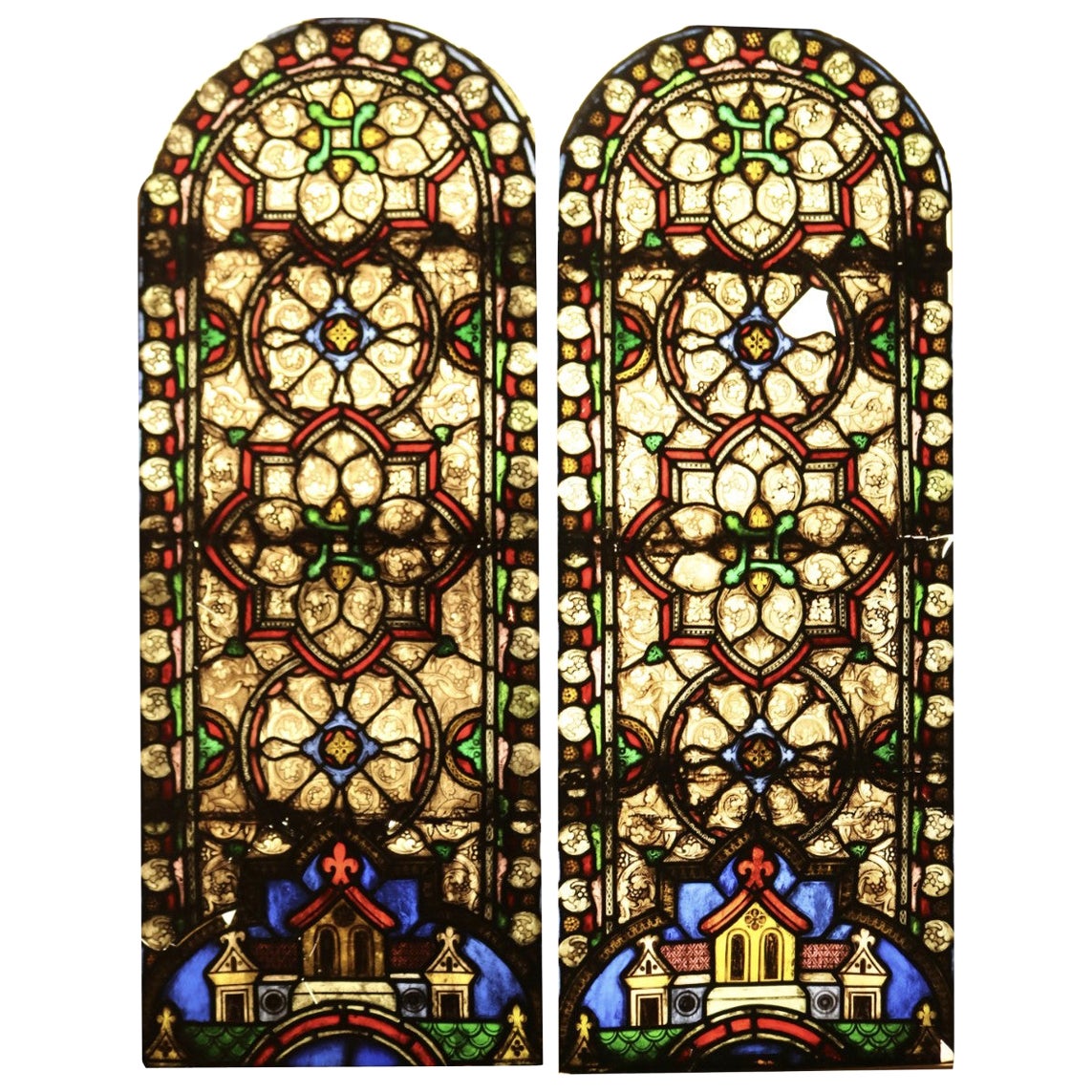 Pair of Medieval Style Stained Glass Windows