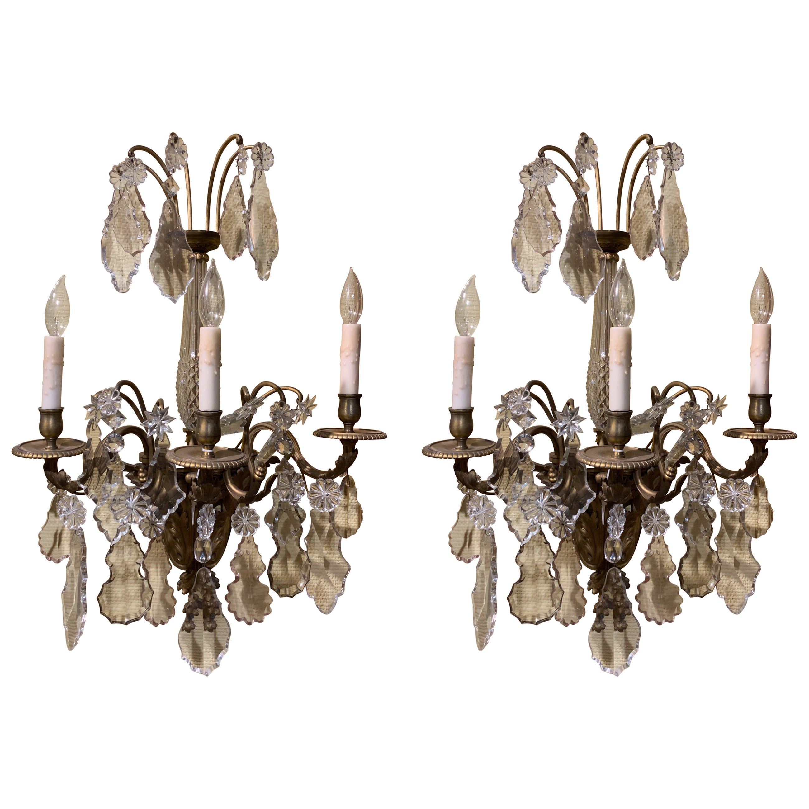 Pair of French Bronze Dore Sconces with Baccarat Crystal Prisms and Stem 19th C For Sale