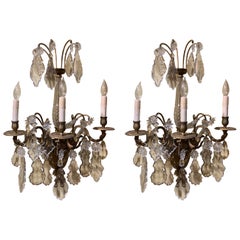 Antique Pair of French Bronze Dore Sconces with Baccarat Crystal Prisms and Stem 19th C
