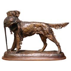 19th Century French Patinated Spelter Hunting Dog with Bird Signed J. Moigniez