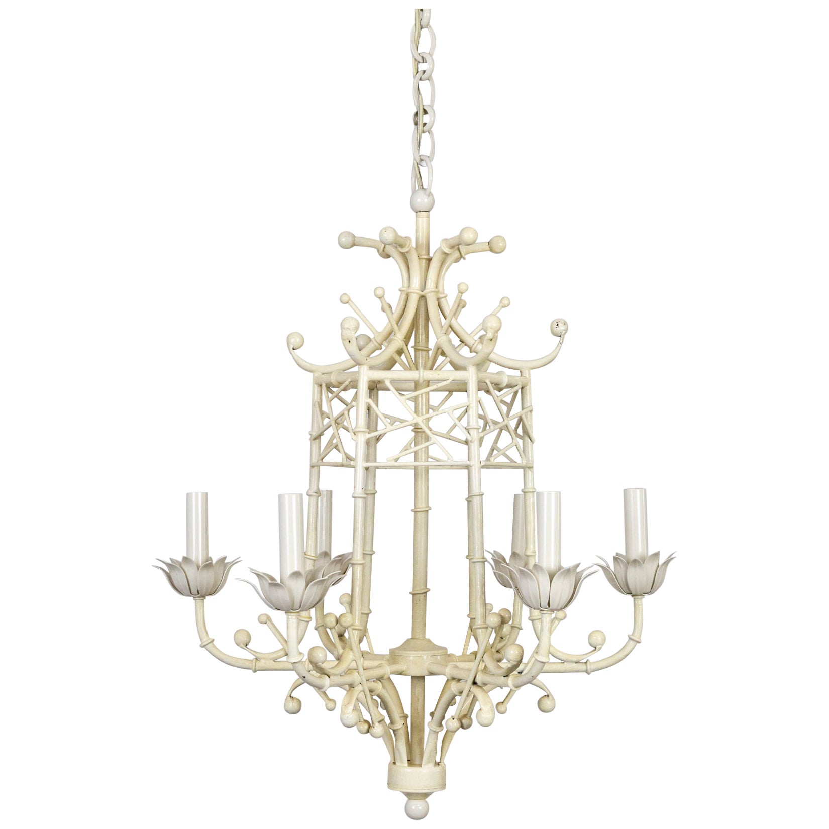 Off-White Lacquered Faux Bamboo Pagoda 6-Light Chandelier 