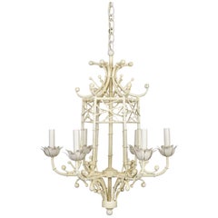 Off-White Lacquered Faux Bamboo Pagoda 6-Light Chandelier 